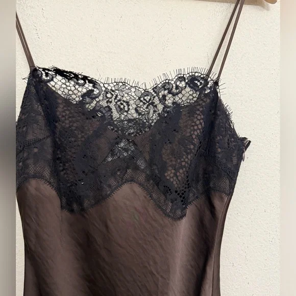 NWT Zara Asymmetric Satin Lace Dress in Black/ Brown Size M - Picture 12 of 16